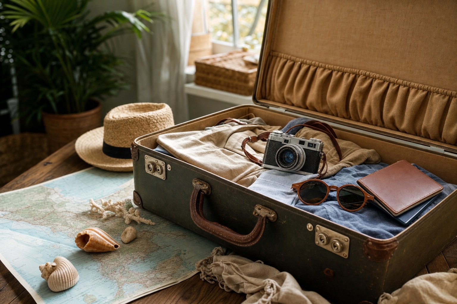 Valigia vintage aperta con mappa, macchina fotografica e accessori per viaggio su misura