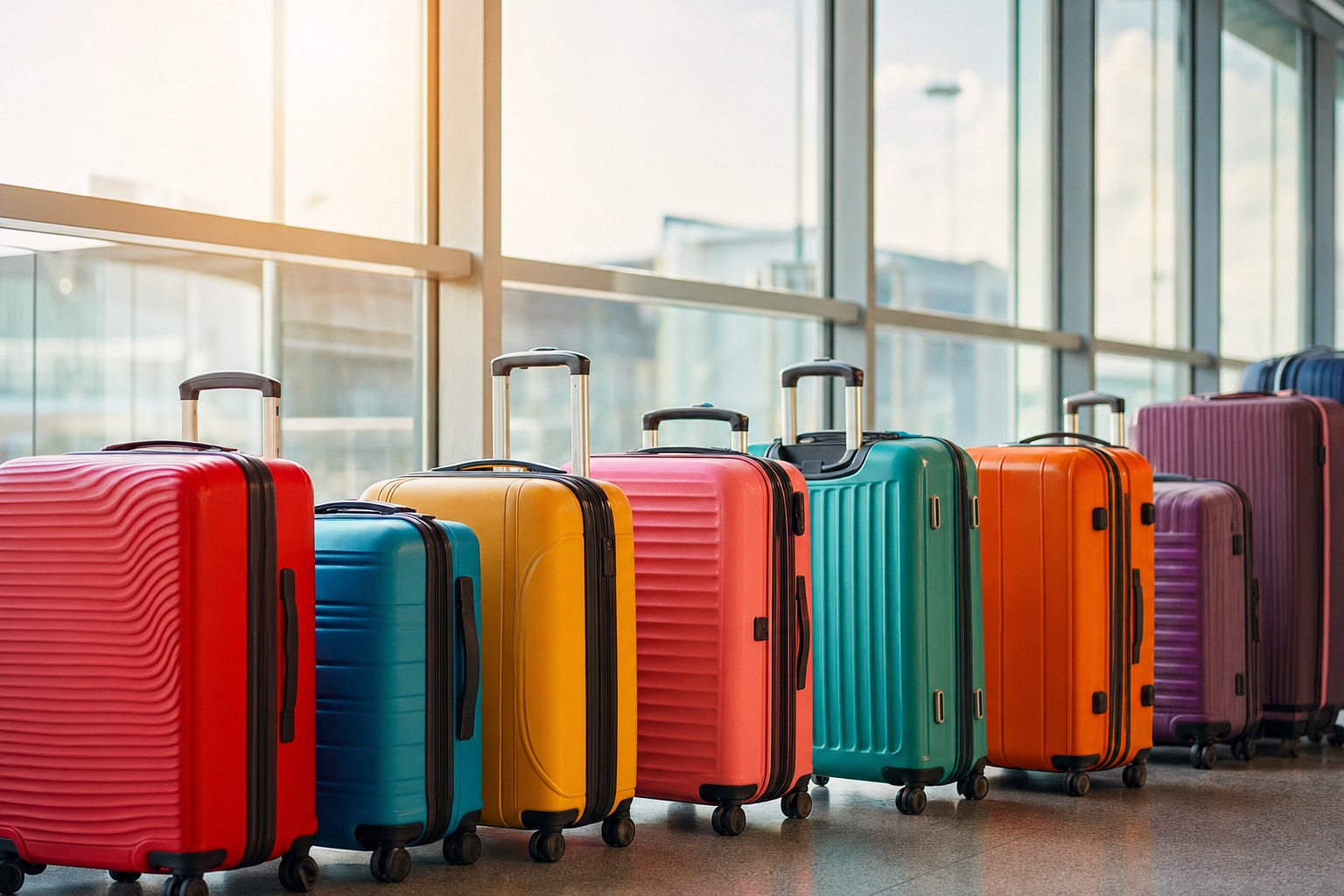 Valigie colorate allineate in un terminal aeroportuale, partenza di gruppo