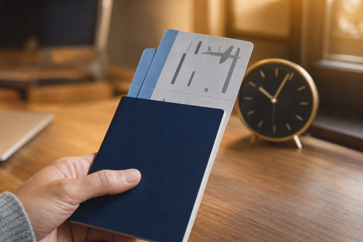 Mano che tiene biglietti aerei e passaporto, offerta viaggio last minute